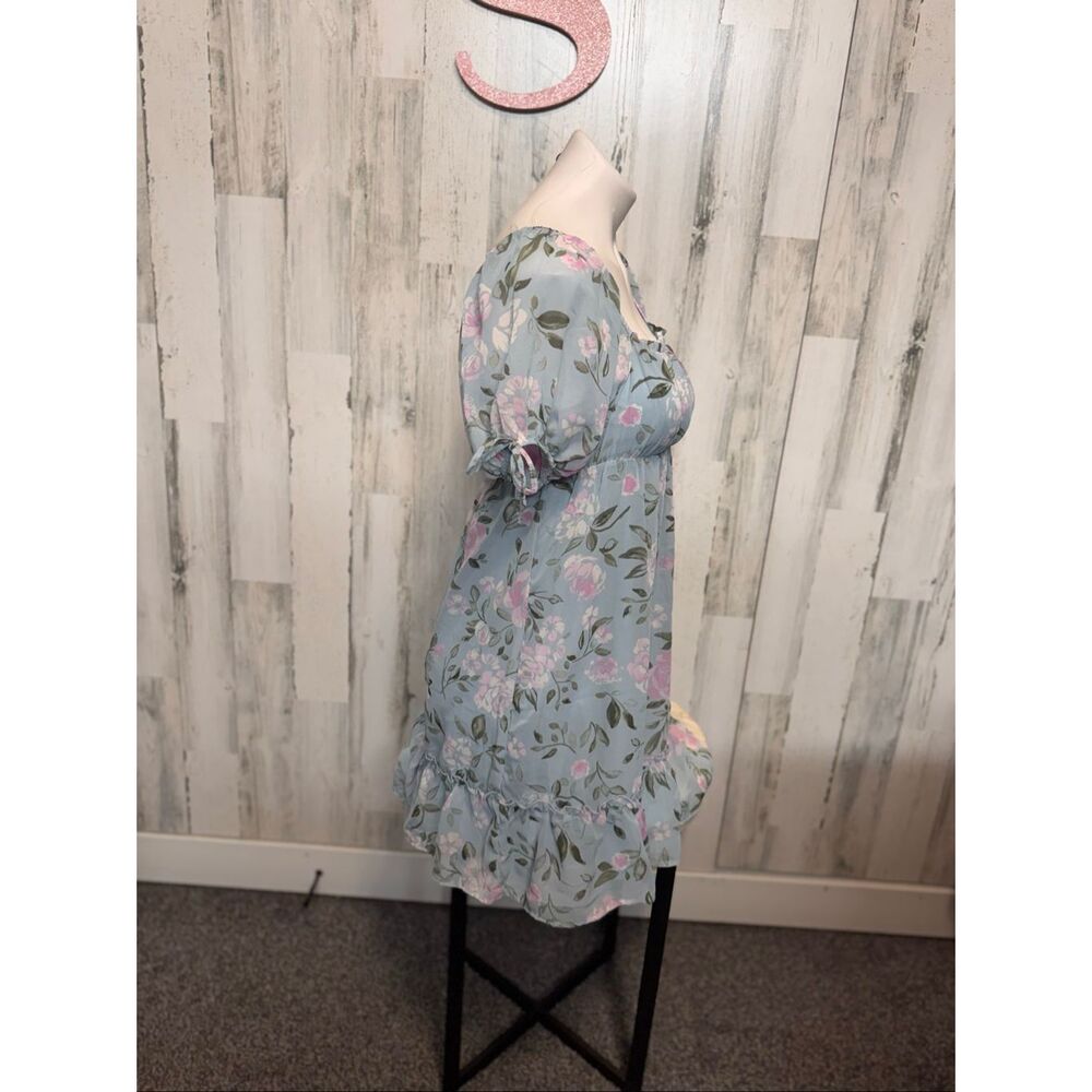 Derek Heart Floral Babydoll Dress Small Blue Pink Puff Sleeve Ruffle Hem - Picture 4 of 6